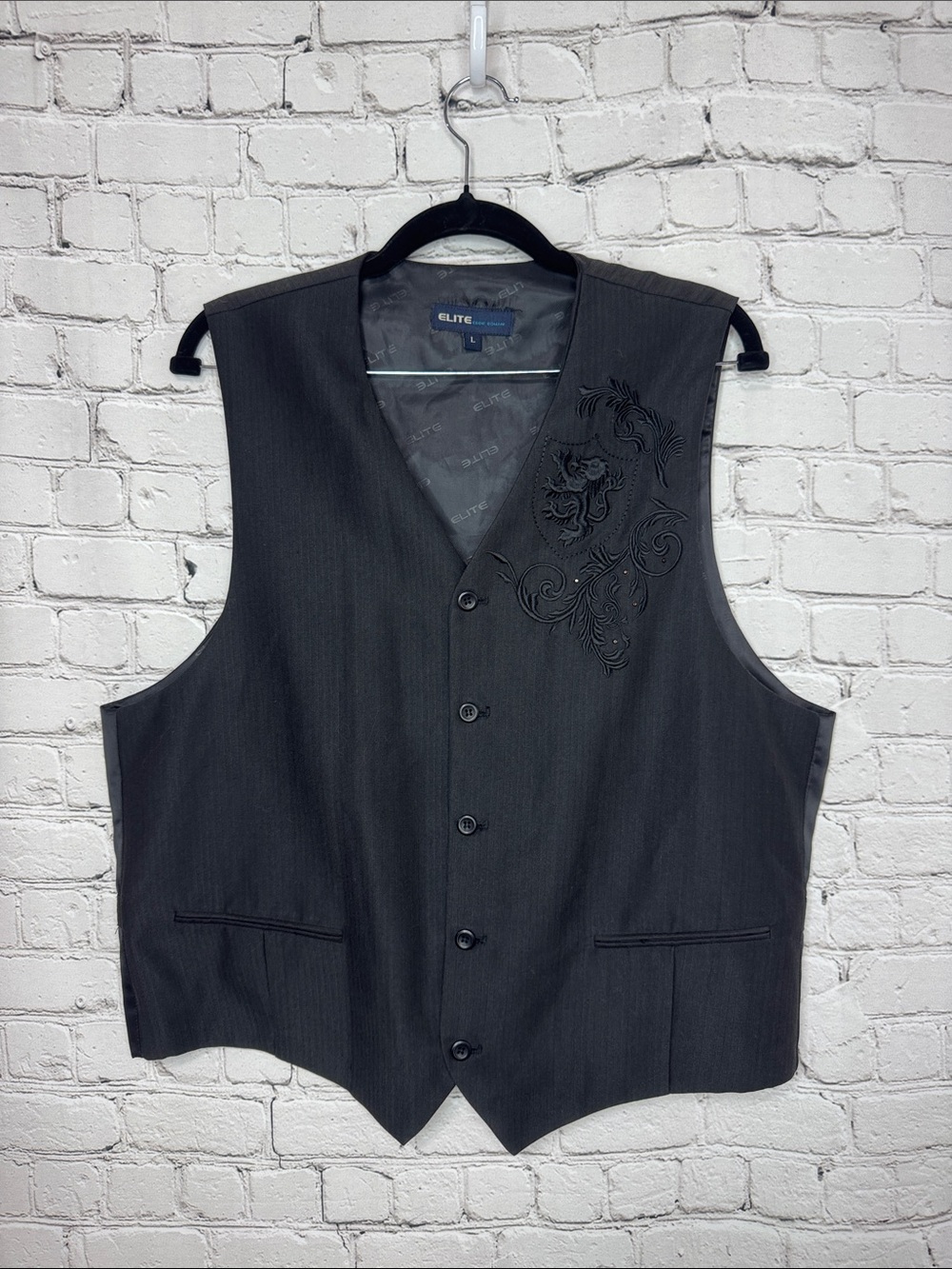 Elite Eddie Domani Men’s L Black Pinstripe Embroidered Crest Dress Vest